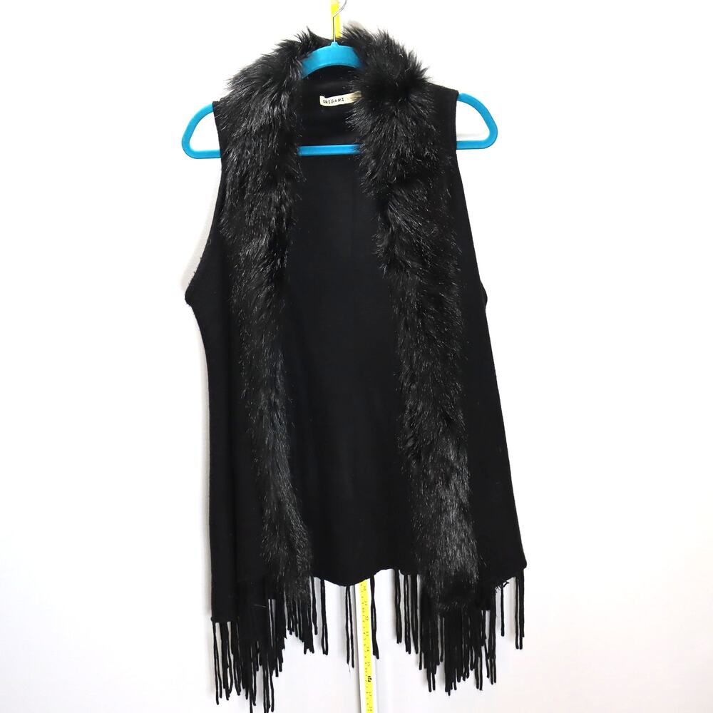 Origami by Vivien Black Faux Fur Trim‎ Fringe Vest One Size